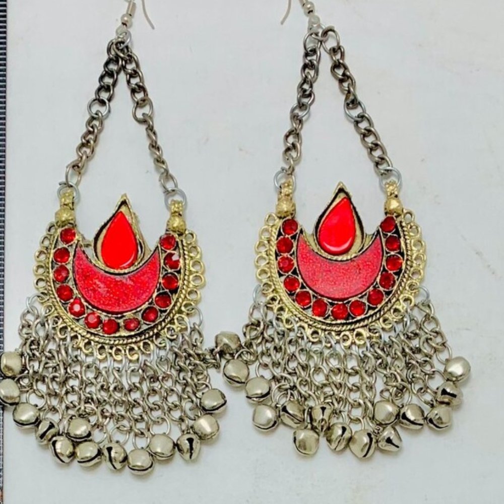 Long Dangle Earrings, Red Kuchi Tribal Afghan Earrings, Handmade Boho Dangle